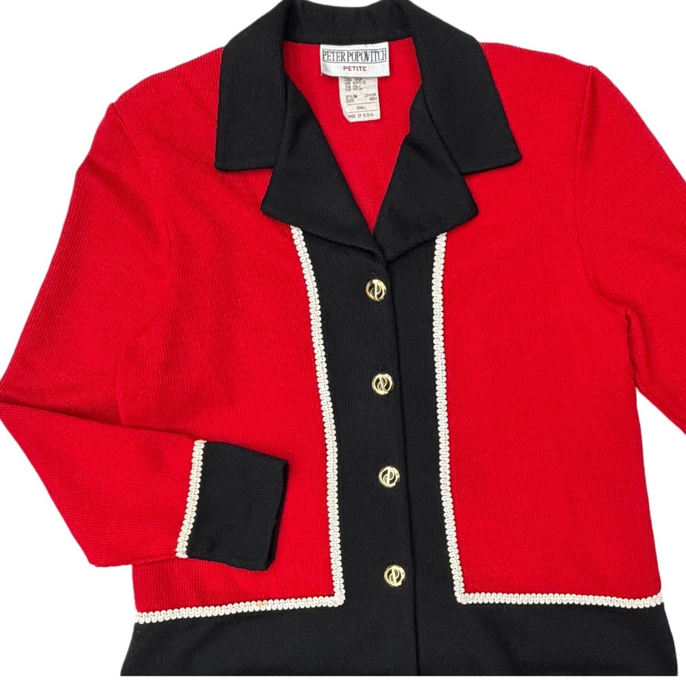 Vintage Peter Popovitch Red Black Colorblock Cardigan Made in USA Small